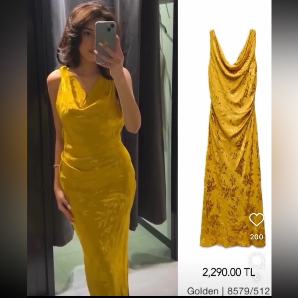 ZARA bloggers fav Satin Floral Jacquard Midi Maxi Dress Open Back Yellow Gold M - Picture 2 of 10
